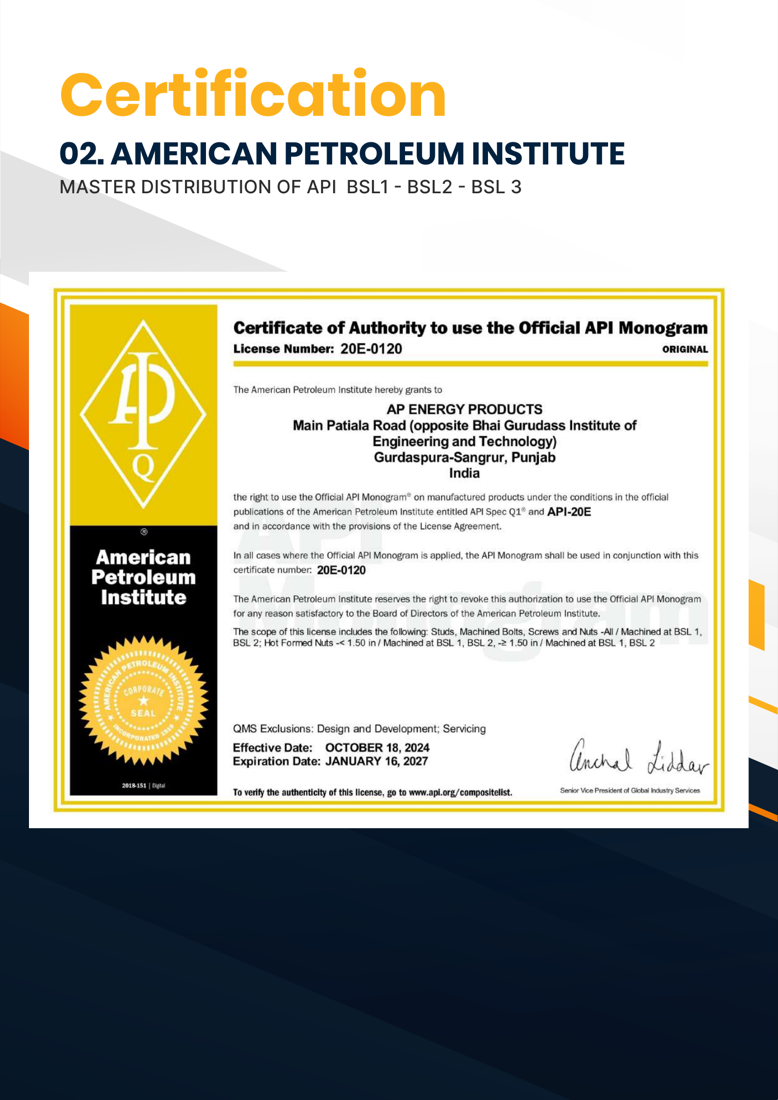American Petroleum Institute certificate