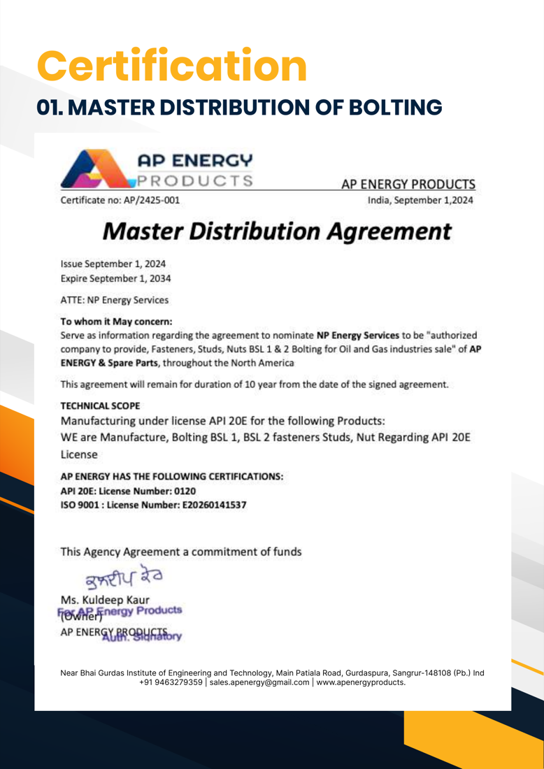 Master Distribution of Bolting certificate